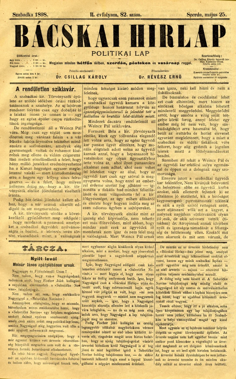 Bácskai Hirlap, 2. évf. 1898. május 25. 82. sz. 1–4. oldal