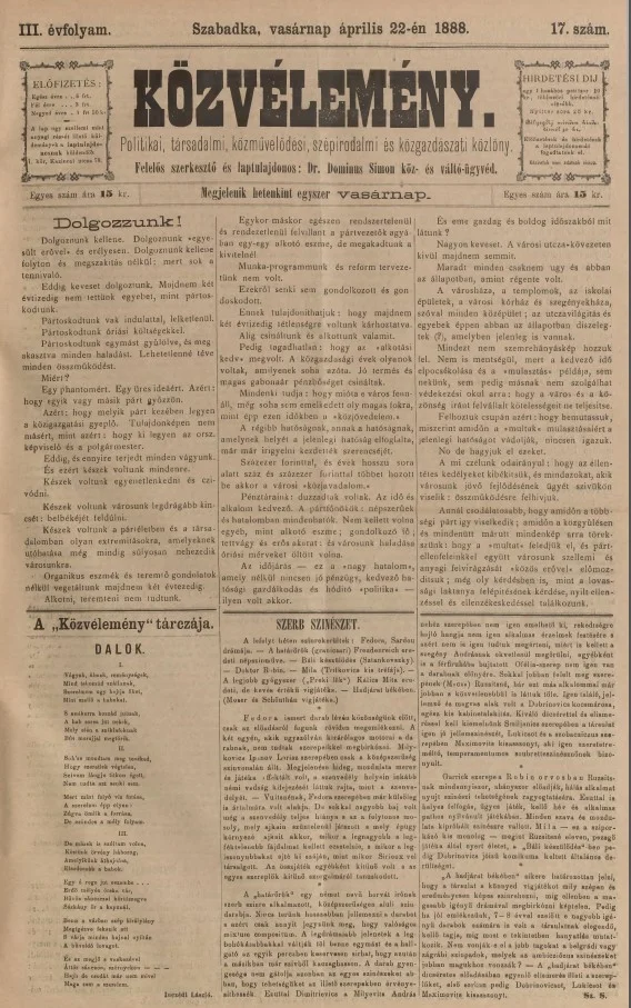 Közvélemény, 3. évf. 1888. április 22. 17. sz.