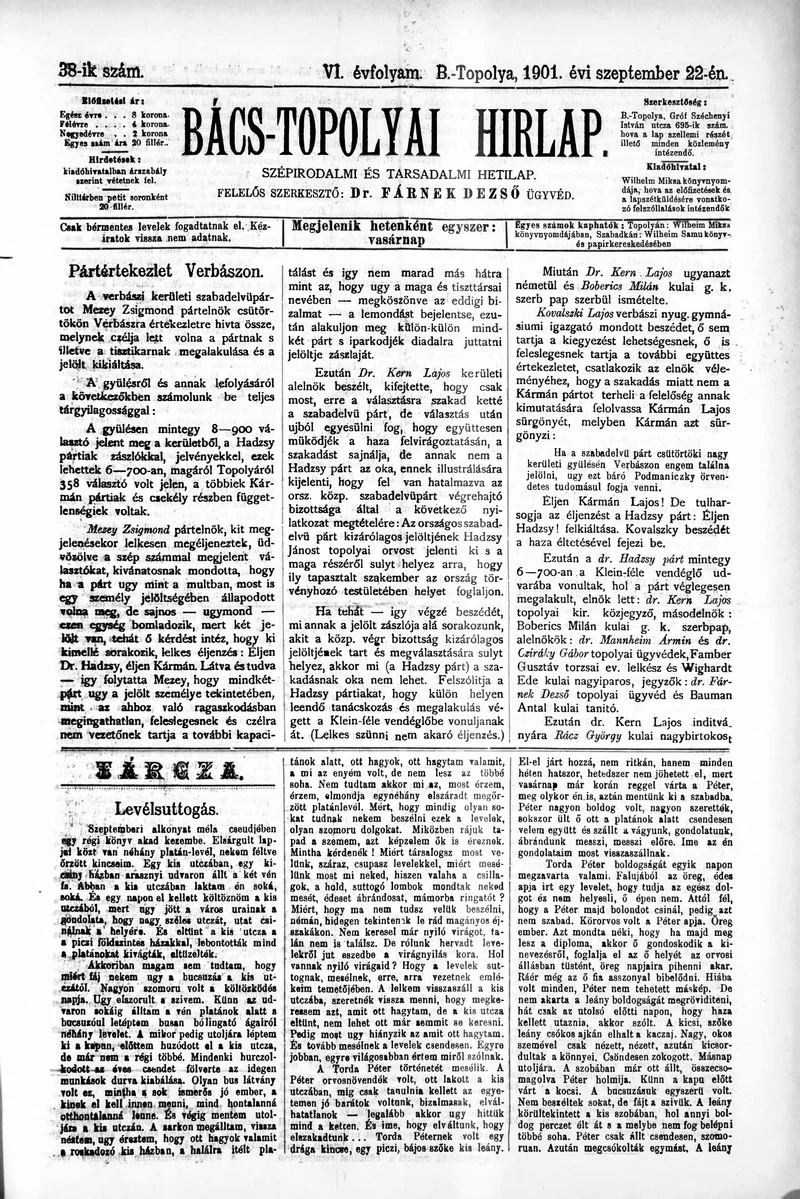 Bács-Topolyai Hirlap, 6. évf. 1901. szeptember 22. 38. sz.