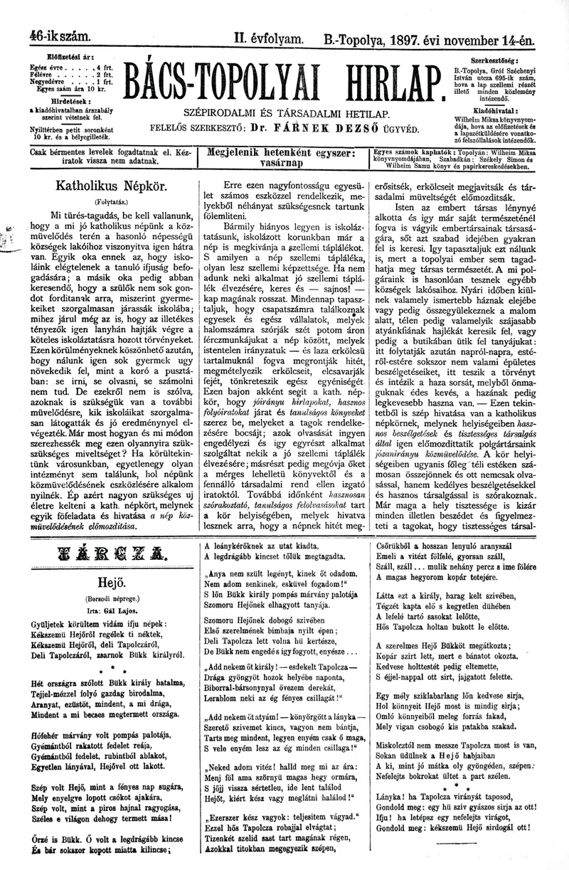 Bács-Topolyai Hirlap, 2. évf. 1897. november 14. 46. sz.