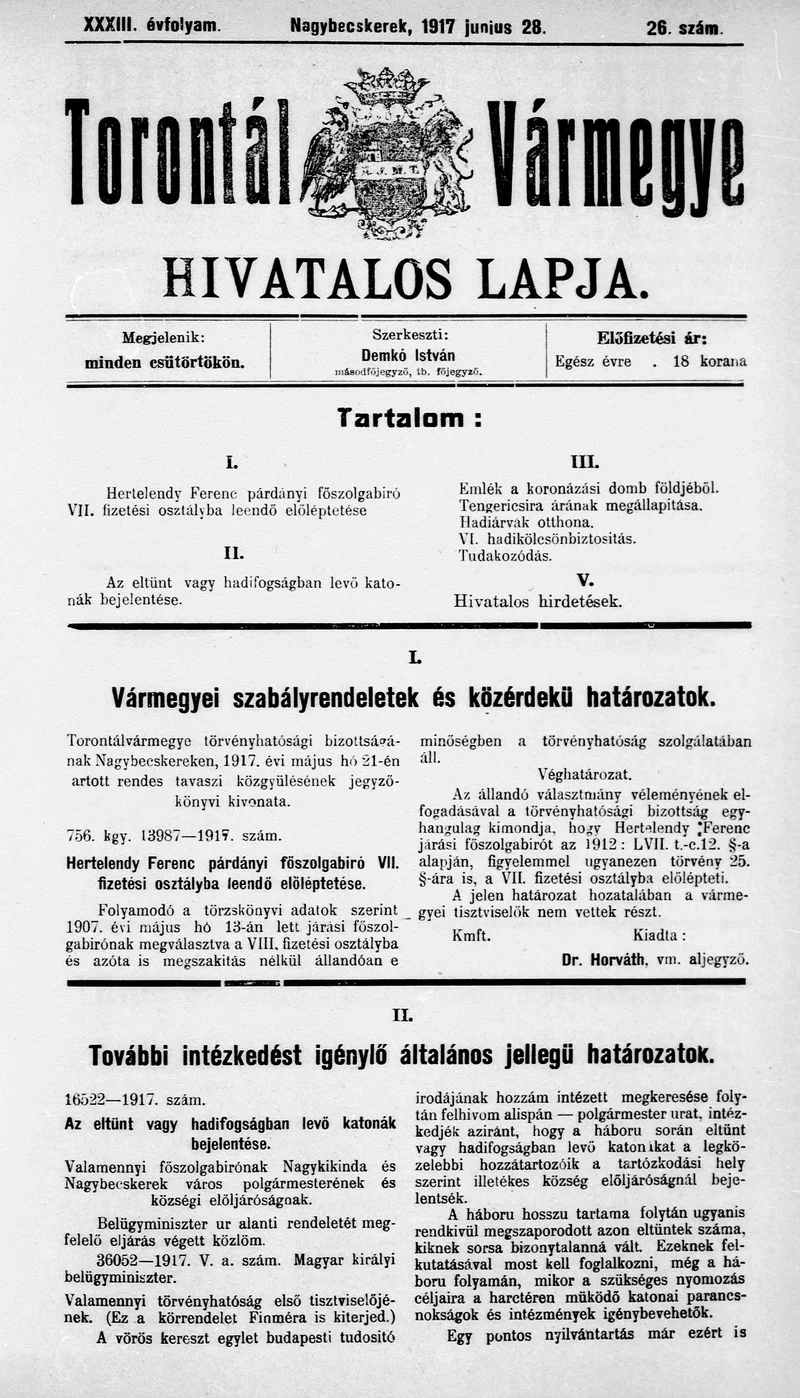 Torontál Vármegye Hivatalos Lapja, 33. évf. 1917. június 28. 26. sz.