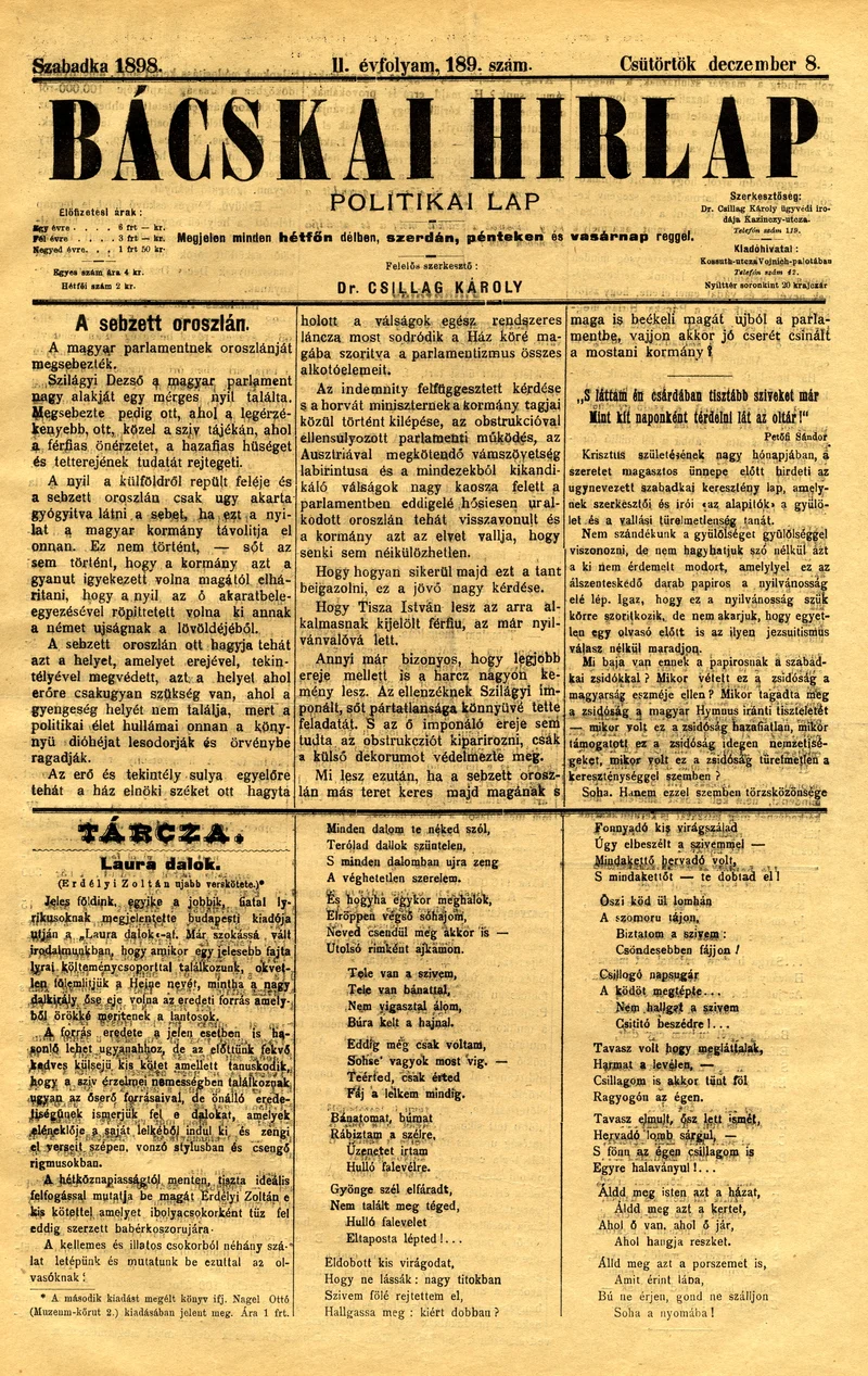 Bácskai Hirlap, 2. évf. 1898. december 8. 189. sz. 1–4. oldal