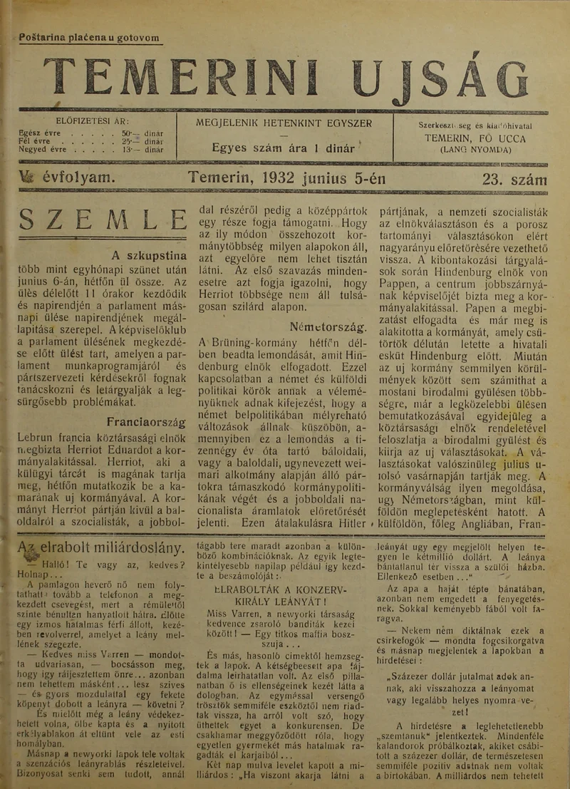 Temerini Újság 1928-1944, 5. évf. 1932. június 5. 23. sz.