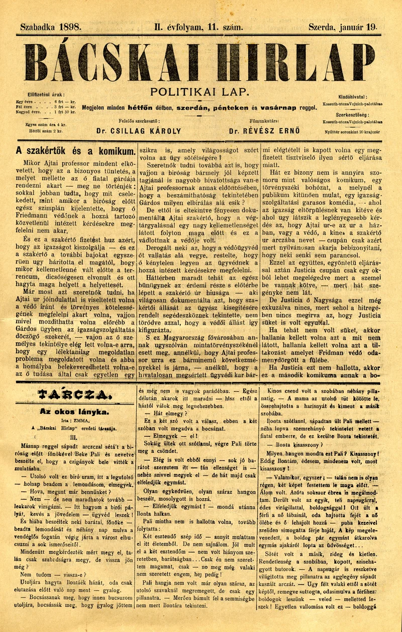 Bácskai Hirlap, 2. évf. 1898. január 19. 11. sz. 1–4. oldal