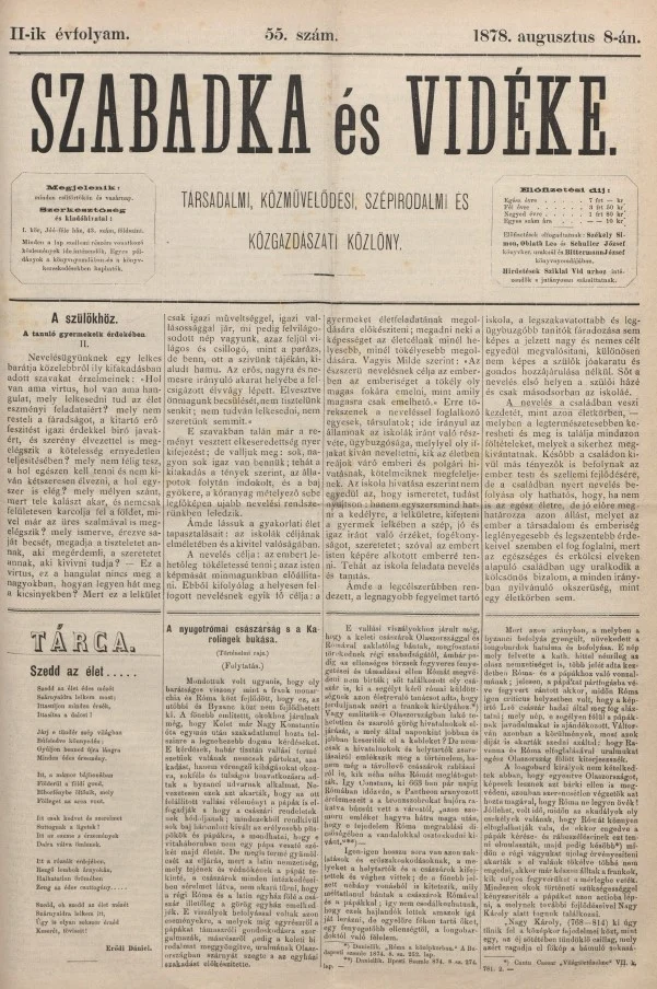 Szabadka és vidéke, 2. évf. 1878. augusztus 8. 55. sz.