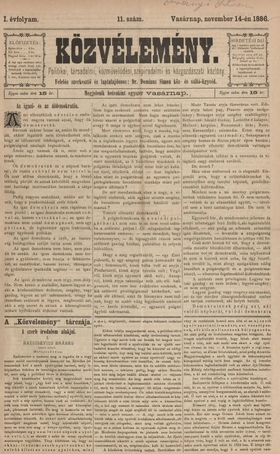 Közvélemény, 1. évf. 1886. november 14. 11. sz.