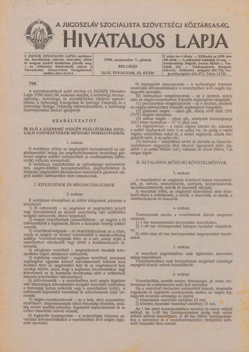 A Jugoszláv Szocialista Szövetségi Köztársaság Hivatalos Lapja, 46. évf. 1990. szeptember 7. 52. sz. 1721–1744. oldal