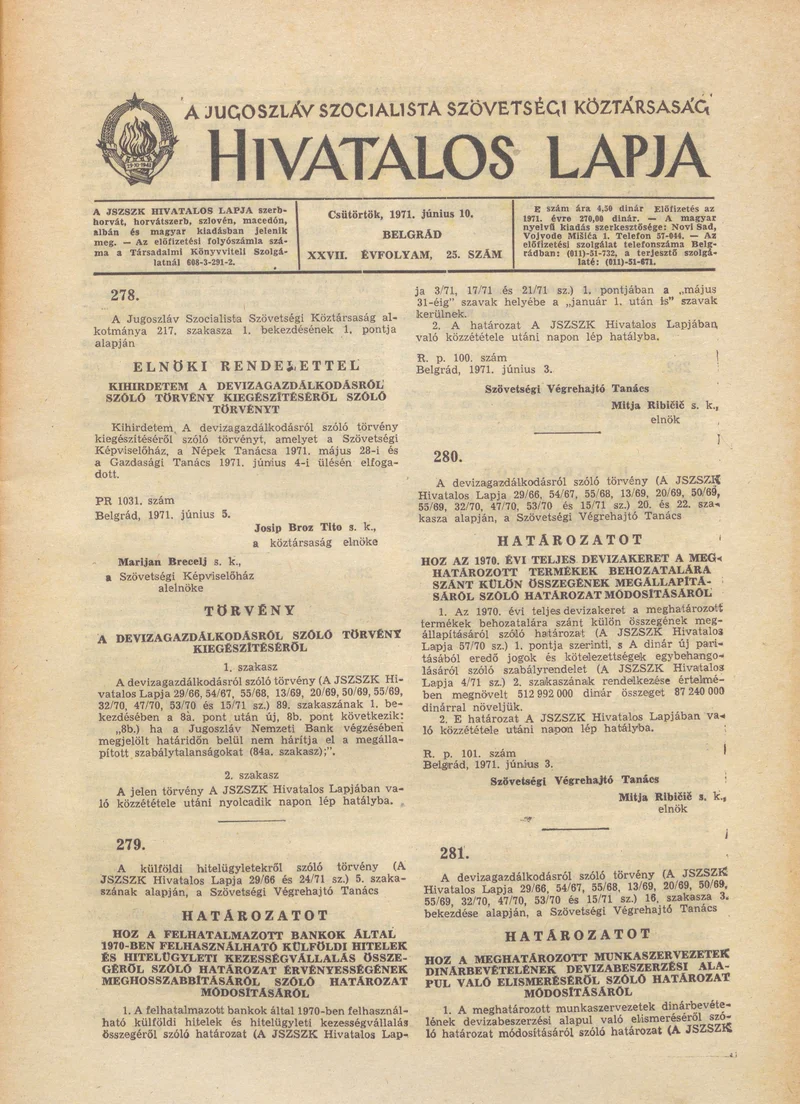 A Jugoszláv Szocialista Szövetségi Köztársaság Hivatalos Lapja, 27. évf. 1971. június 10. 25. sz. 457–472. oldal