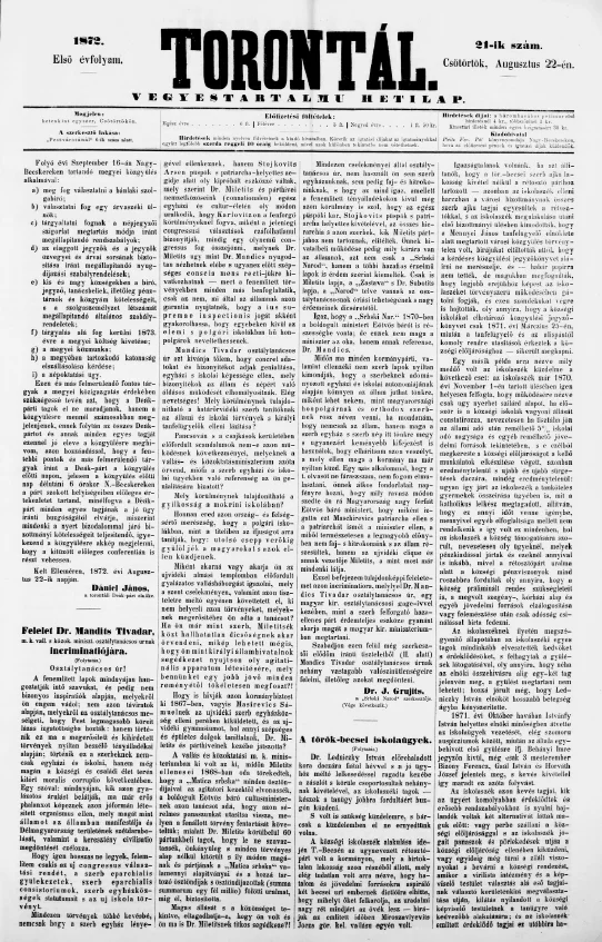 Torontál, 1. évf. 1872. augusztus 22. 21. sz.