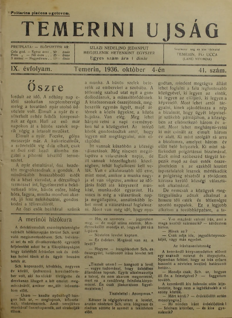 Temerini Újság 1928-1944, 9. évf. 1936. október 4. 41. sz.