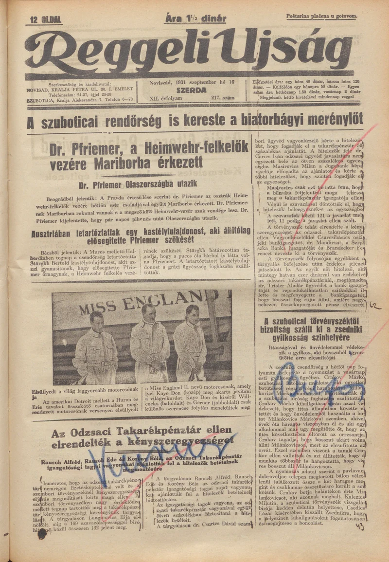 Reggeli Újság, 12. évf. 1931. szeptember 16. 217. sz.