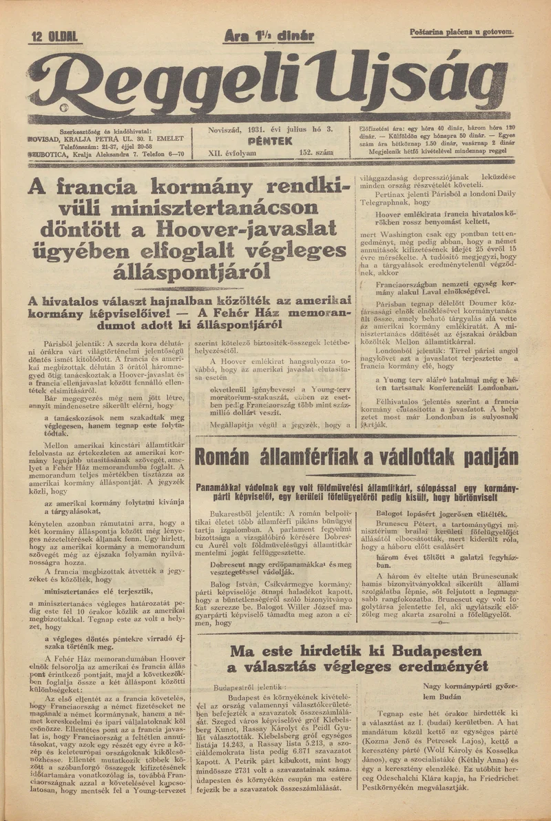 Reggeli Újság, 12. évf. 1931. július 3. 152. sz.