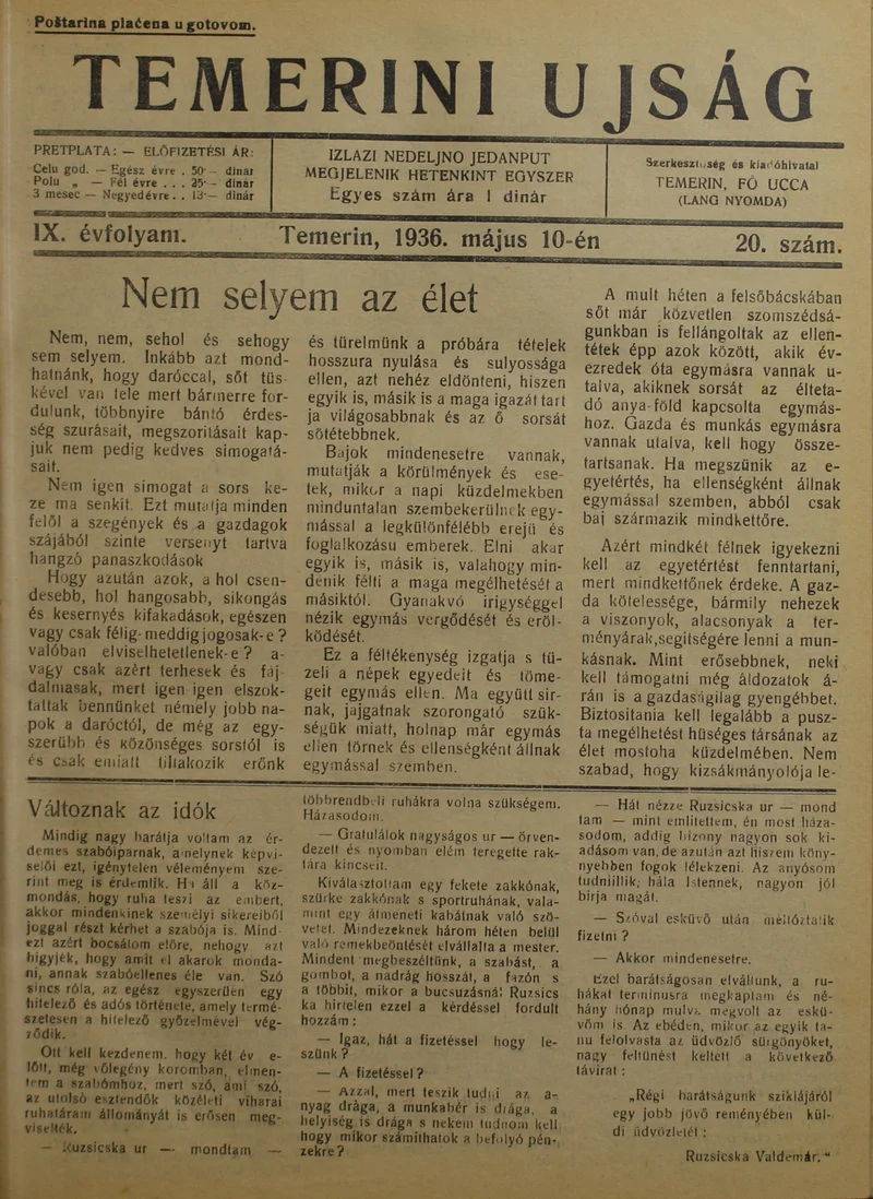 Temerini Újság 1928-1944, 9. évf. 1936. május 10. 20. sz.