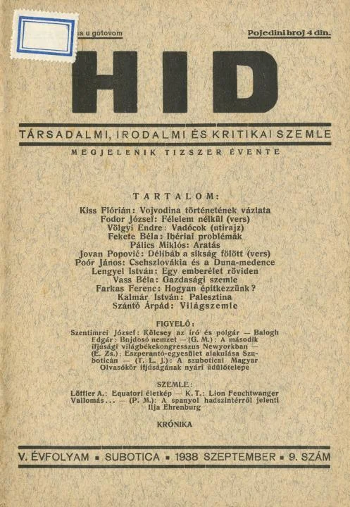 Híd, 5. évf. 1938. szeptember. 9. sz. 257–296. oldal