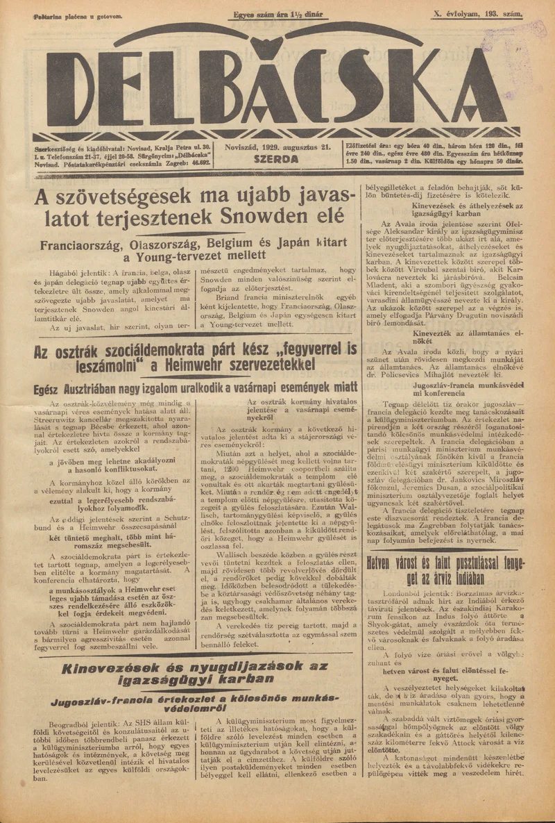 Délbácska, 10. évf. 1929. augusztus 21. 193. sz.