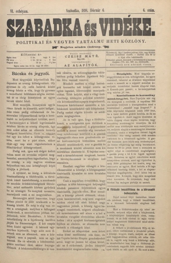 Szabadka és vidéke II, 6. évf. 1898. február 6. 6. sz.