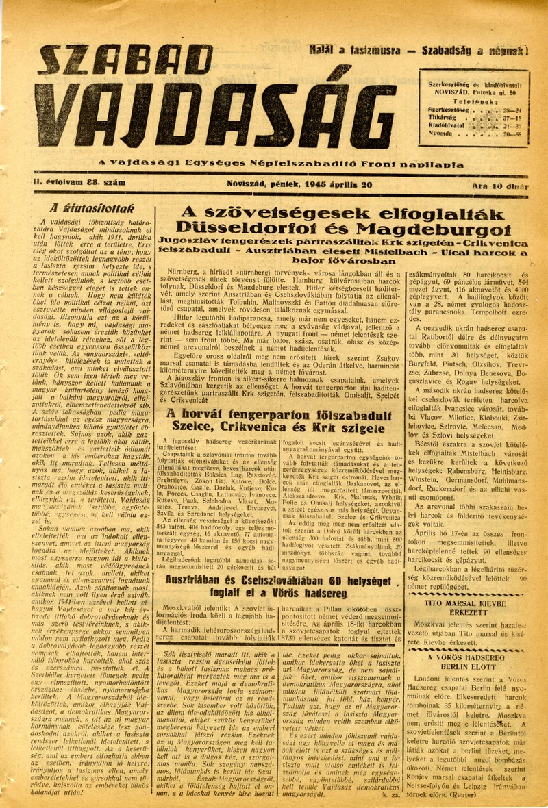 Szabad Vajdaság, 2. évf. 1945. április 20. 88. sz.