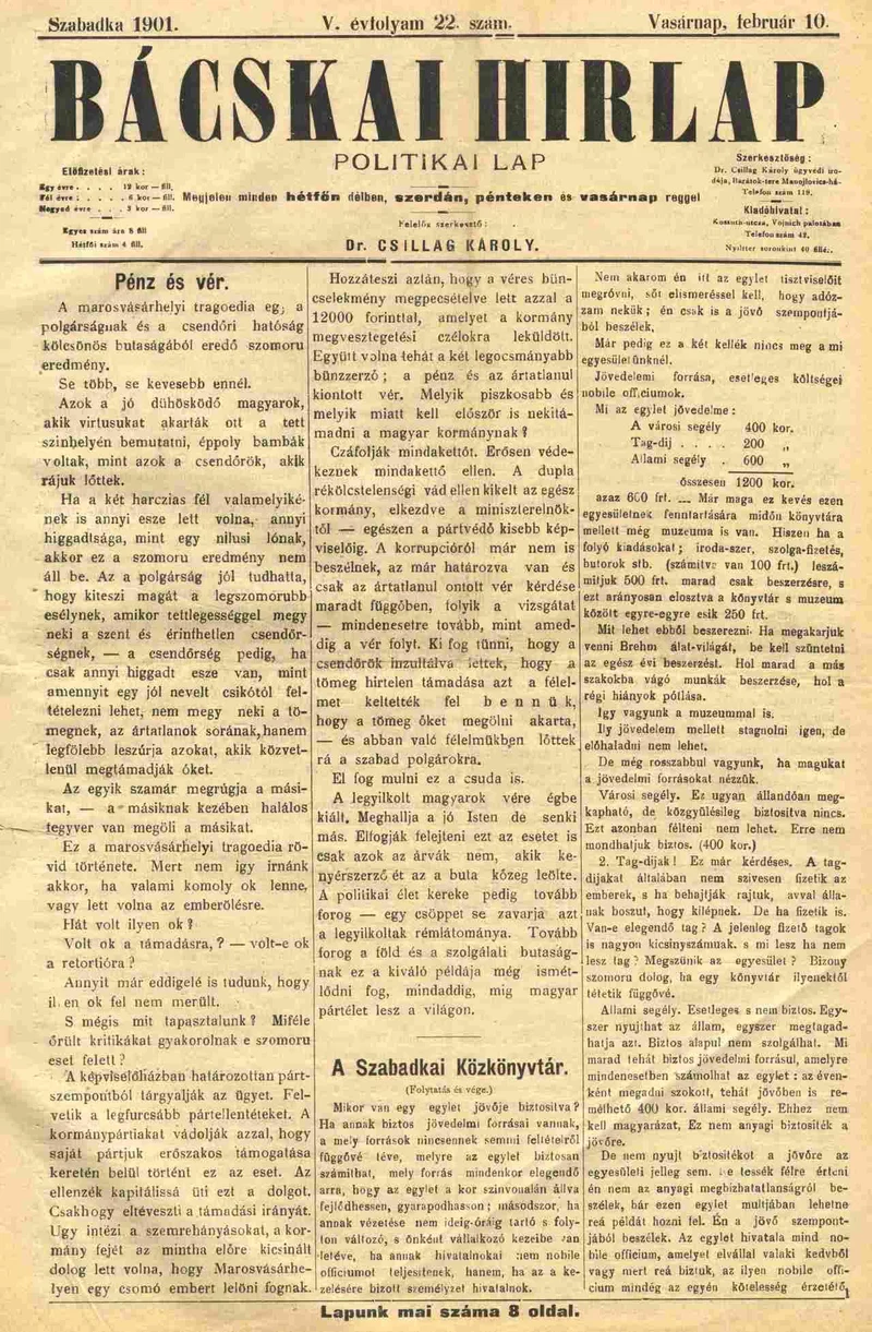 Bácskai Hirlap, 5. évf. 1901. február 10. 22. sz.