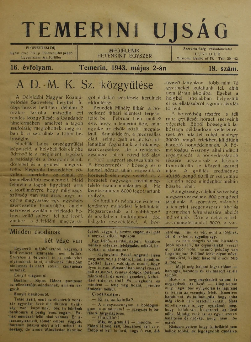 Temerini Újság 1928-1944, 16. évf. 1943. május 2. 18. sz.