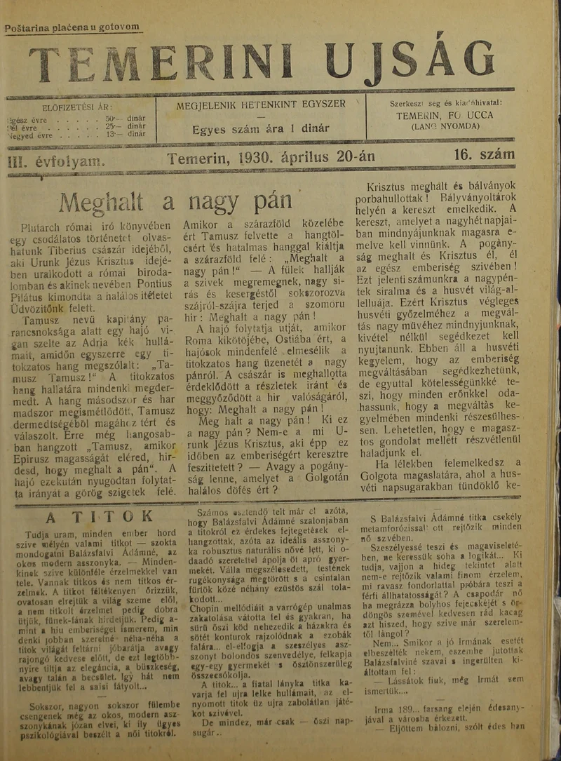 Temerini Újság 1928-1944, 3. évf. 1930. április 20. 16. sz.