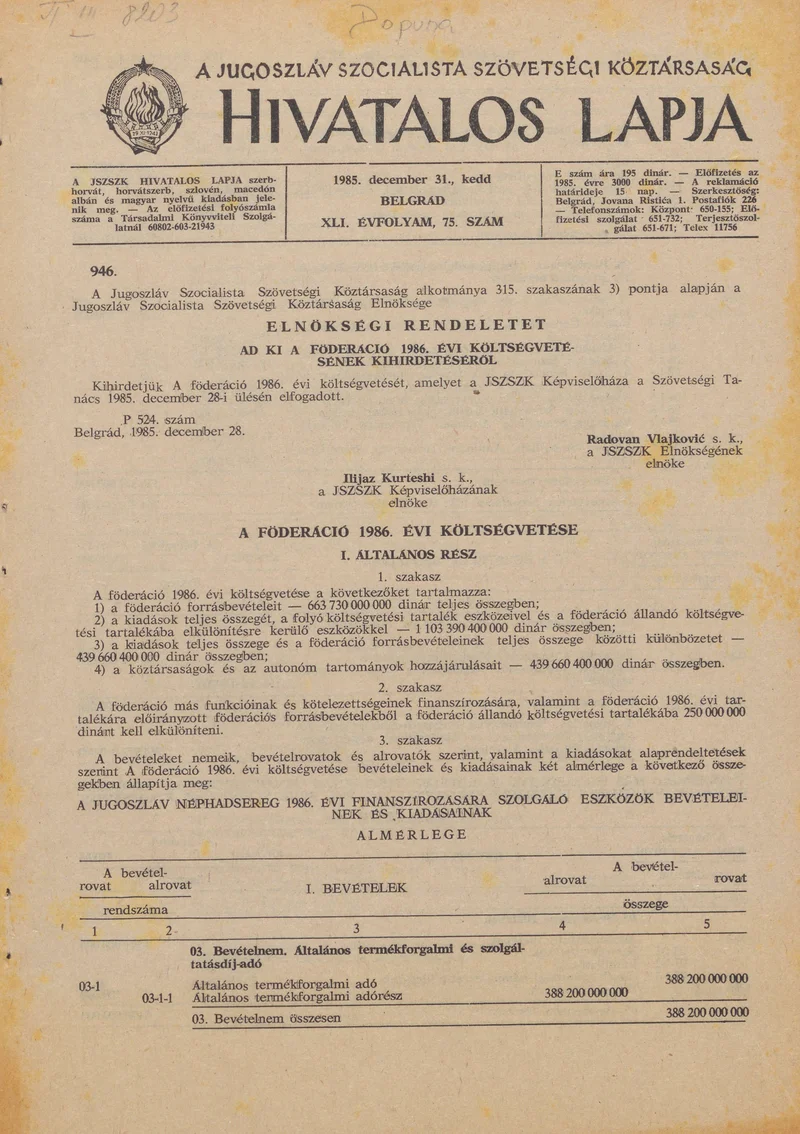 A Jugoszláv Szocialista Szövetségi Köztársaság Hivatalos Lapja, 41. évf. 1985. december 31. 75. sz. 2205–2308. oldal