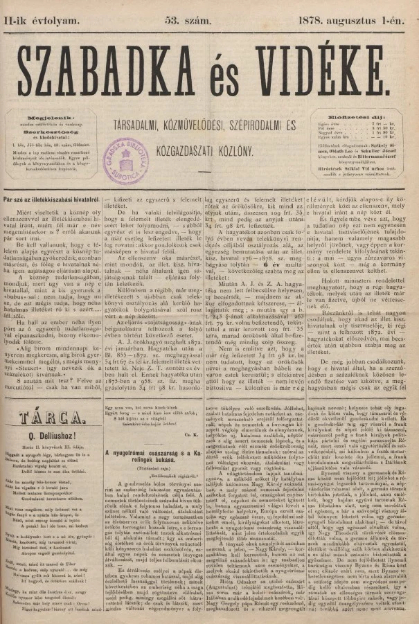 Szabadka és vidéke, 2. évf. 1878. augusztus 1. 53. sz.