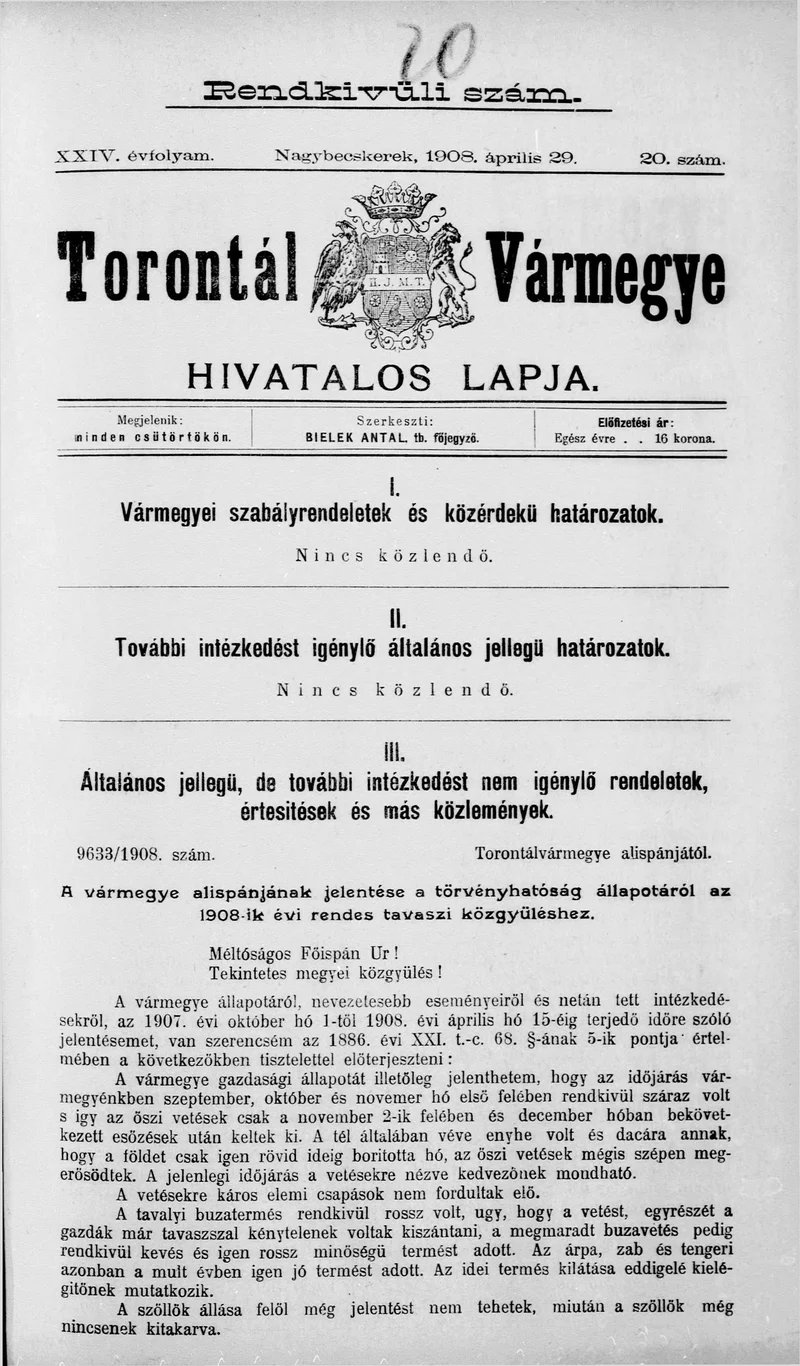 Torontál Vármegye Hivatalos Lapja, 24. évf. 1908. április 29. 20. sz.