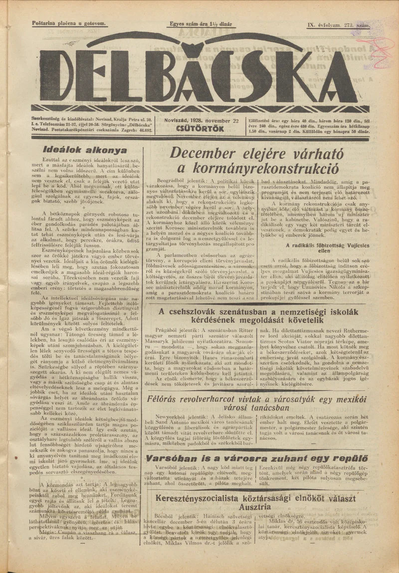 Délbácska, 9. évf. 1928. november 22. 273. sz.