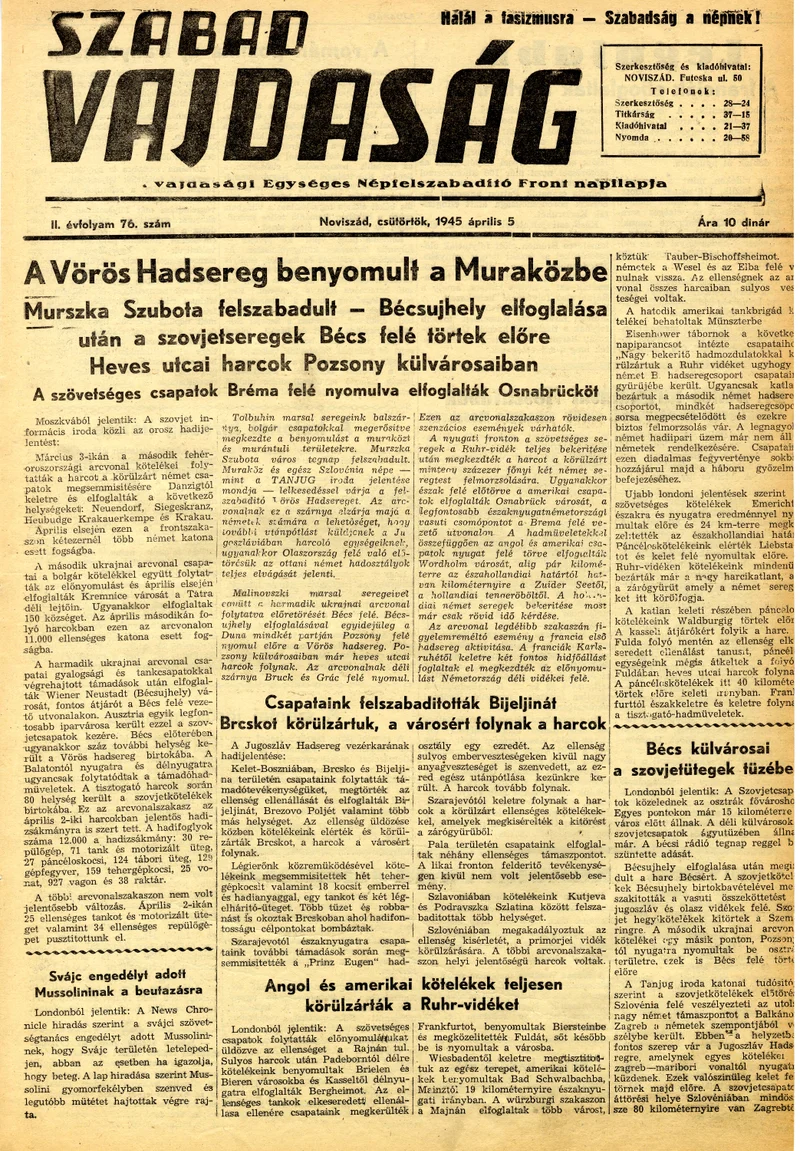 Szabad Vajdaság, 2. évf. 1945. április 5. 76. sz.