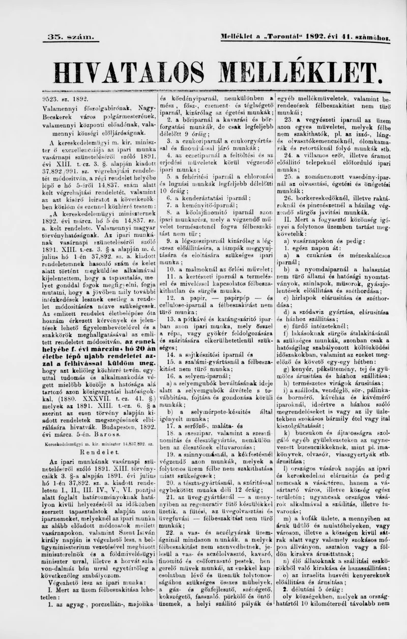 A Totontál  hivatalos melléklete, 5. évf. 1892. március 14. 35. sz.