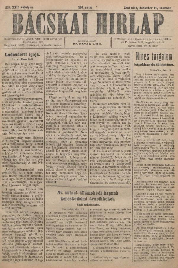 Bácskai Hirlap, 22. évf. 1918. december 14. 280. sz.