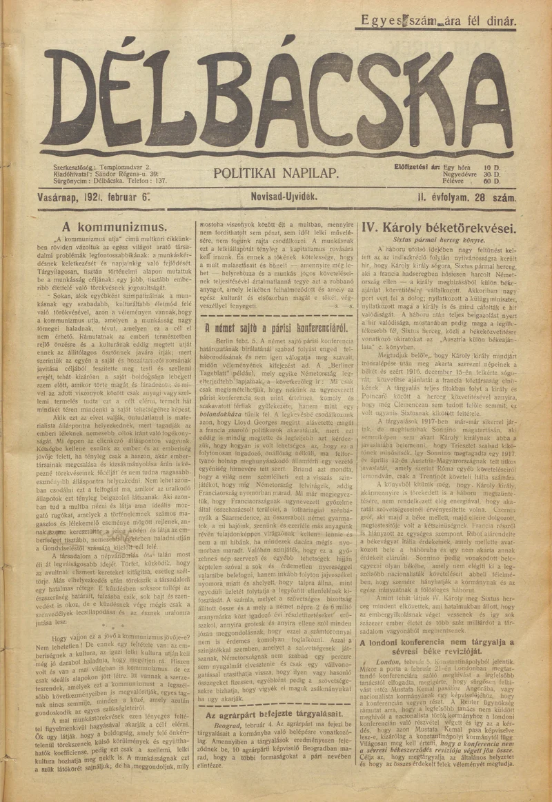 Délbácska, 2. évf. 1921. február 6. 28. sz.