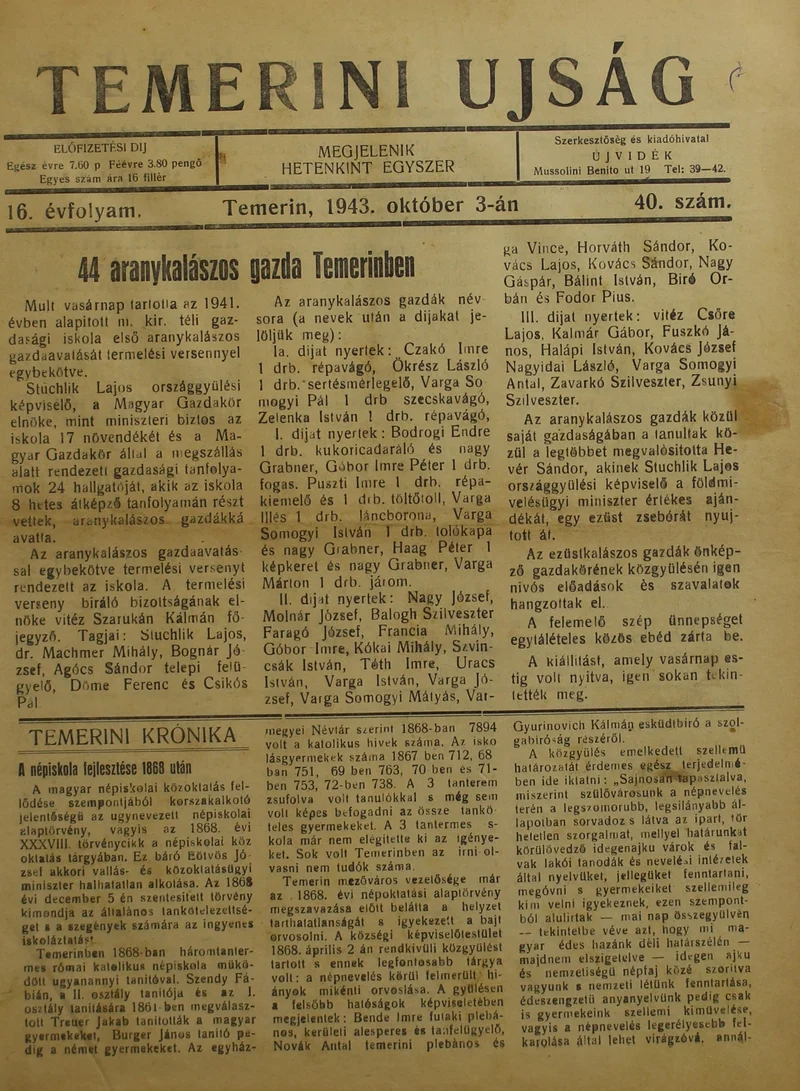 Temerini Újság 1928-1944, 16. évf. 1943. október 3. 40. sz.