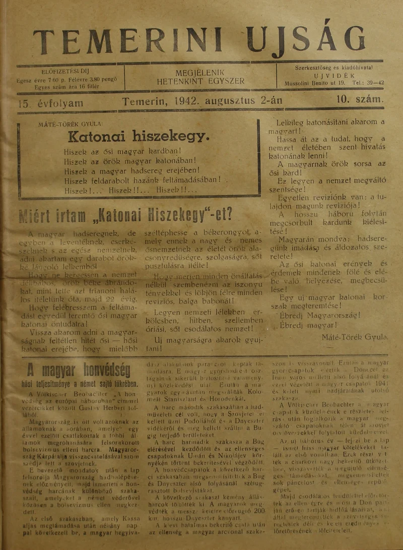 Temerini Újság 1928-1944, 15. évf. 1942. augusztus 2. 10. sz.