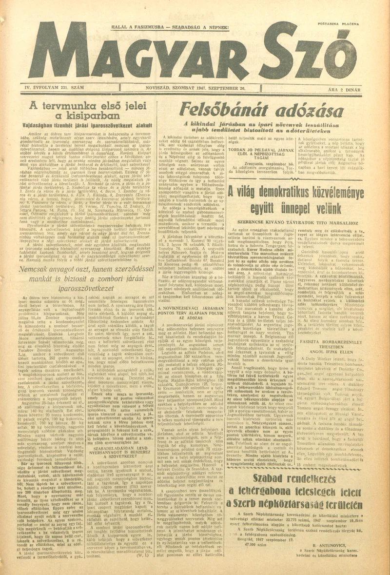 Magyar Szó, 4. évf. 1947. szeptember 20. 231. sz. 1–6. oldal