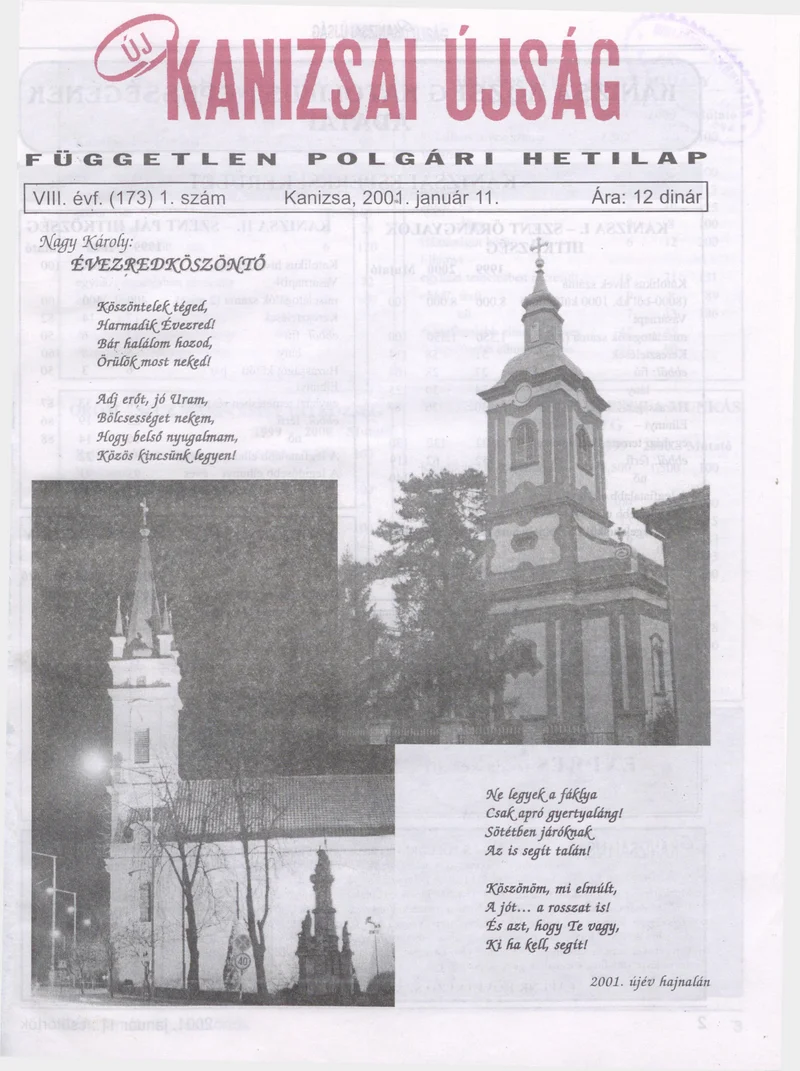 Új Kanizsai Újság, 8. évf. 2001. január 11. 1. sz.