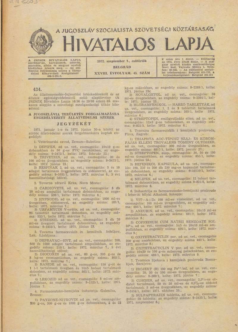 A Jugoszláv Szocialista Szövetségi Köztársaság Hivatalos Lapja, 28. évf. 1972. szeptember 7. 45. sz. 873–880. oldal