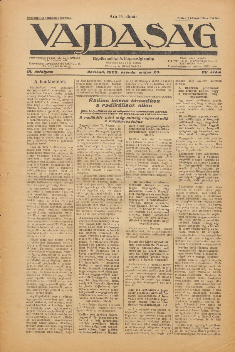 Vajdaság, 3. évf. 1923. május 23. 116. sz.
