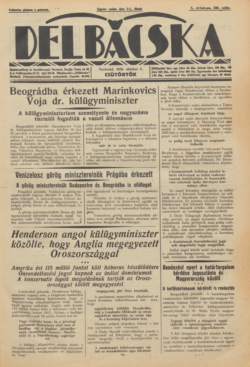 Délbácska, 10. évf. 1929. október 3. 230. sz.