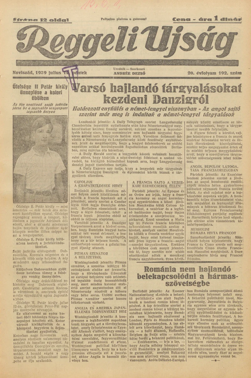 Reggeli Újság, 20. évf. 1939. július 14. 192. sz.