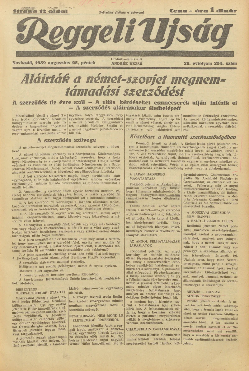 Reggeli Újság, 20. évf. 1939. augusztus 25. 234. sz.