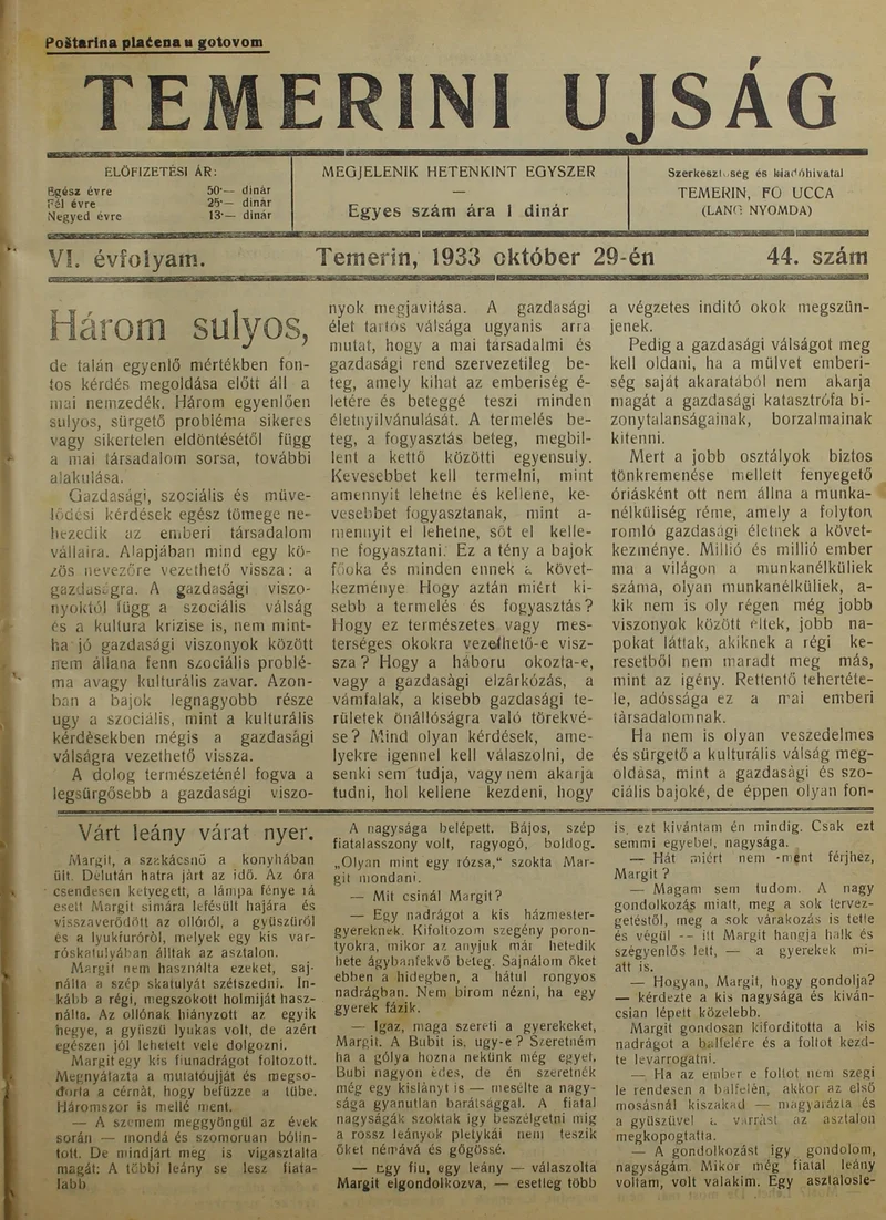 Temerini Újság 1928-1944, 6. évf. 1933. október 29. 44. sz.