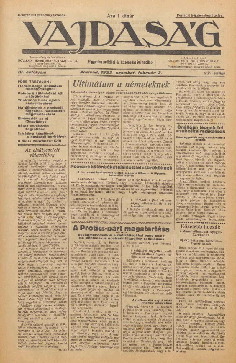 Vajdaság, 3. évf. 1923. február 3. 27. sz.