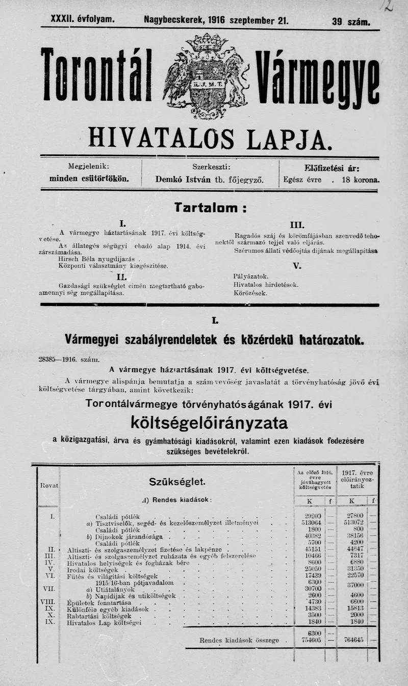 Torontál Vármegye Hivatalos Lapja, 32. évf. 1916. szeptember 21. 39. sz.