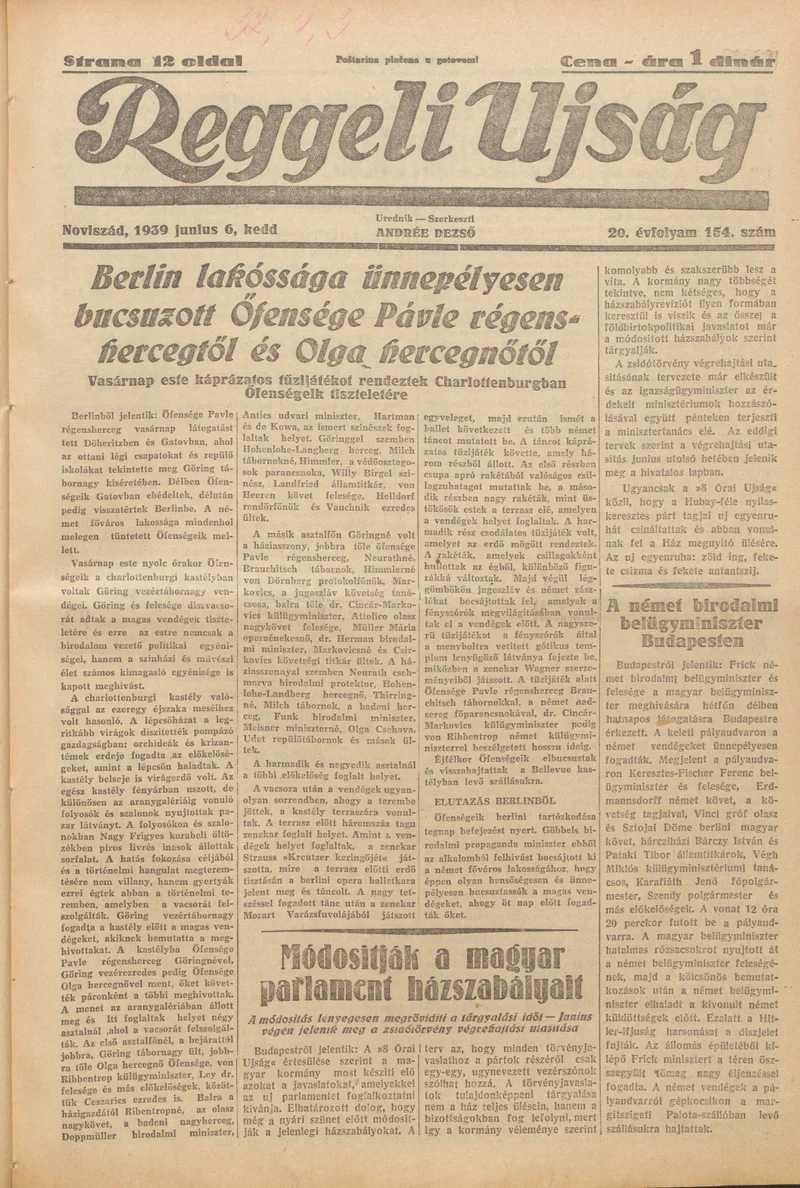 Reggeli Újság, 20. évf. 1939. június 6. 154. sz.
