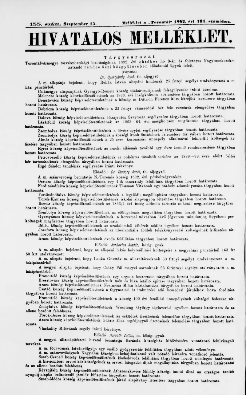 A Totontál  hivatalos melléklete, 5. évf. 1892. szeptember 15. 155. sz.