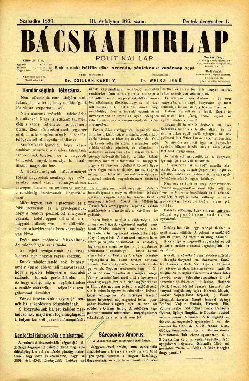 Bácskai Hirlap, 3. évf. 1899. december 1. 186. sz.