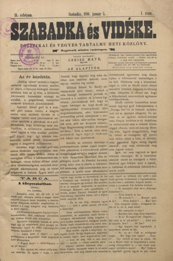 Szabadka és vidéke II, 4. évf. 1896. január 5. 1. sz.
