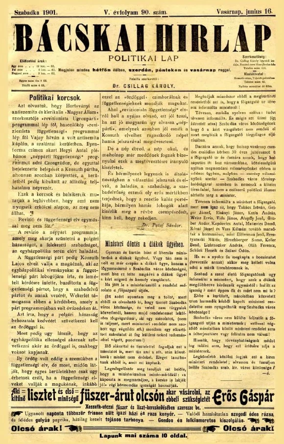 Bácskai Hirlap, 5. évf. 1901. június 16. 90. sz.