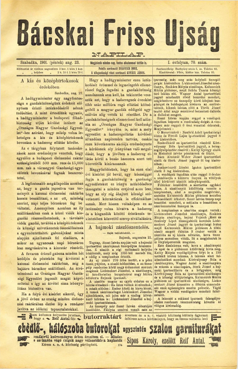 Bácskai Friss Ujság, 1. évf. 1901. augusztus 23. 70. sz.